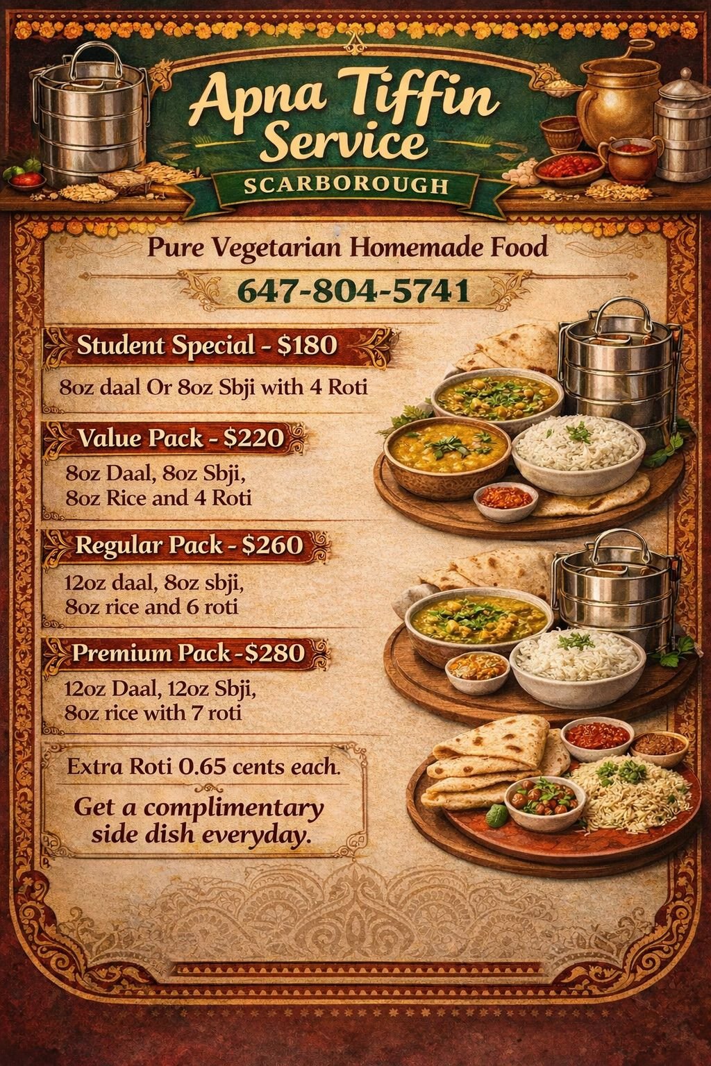 Apna Tiffin Service menu card — Student Special, Value, Regular and Premium Packs