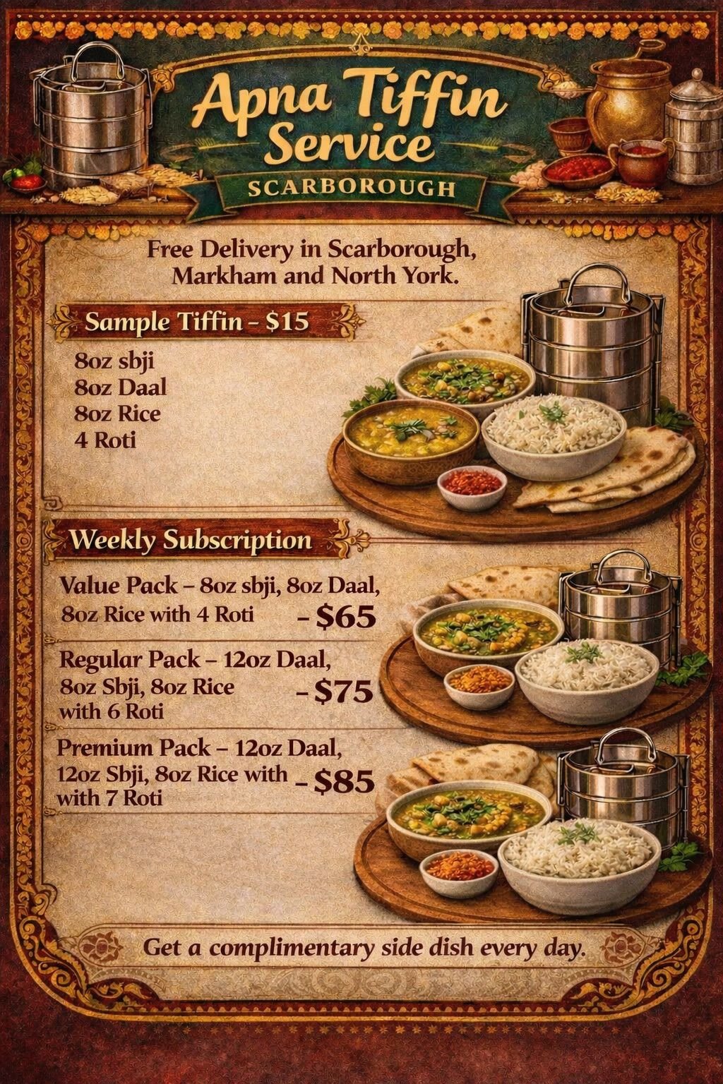 Apna Tiffin Service menu card — Sample Tiffin and Weekly Subscription pricing